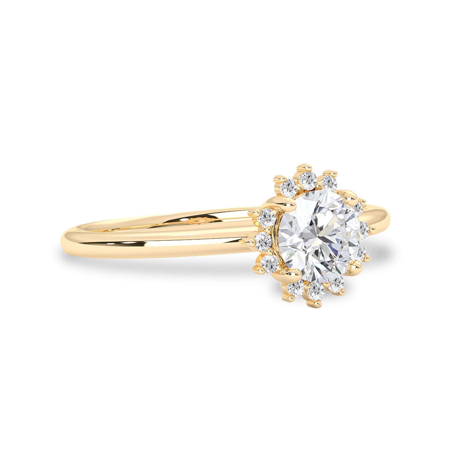 Peaceful Sunflower Engagement Ring, Round Brilliant With Halo