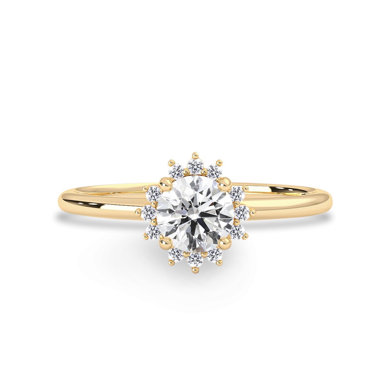 Peaceful Sunflower Engagement Ring, Round Brilliant With Halo