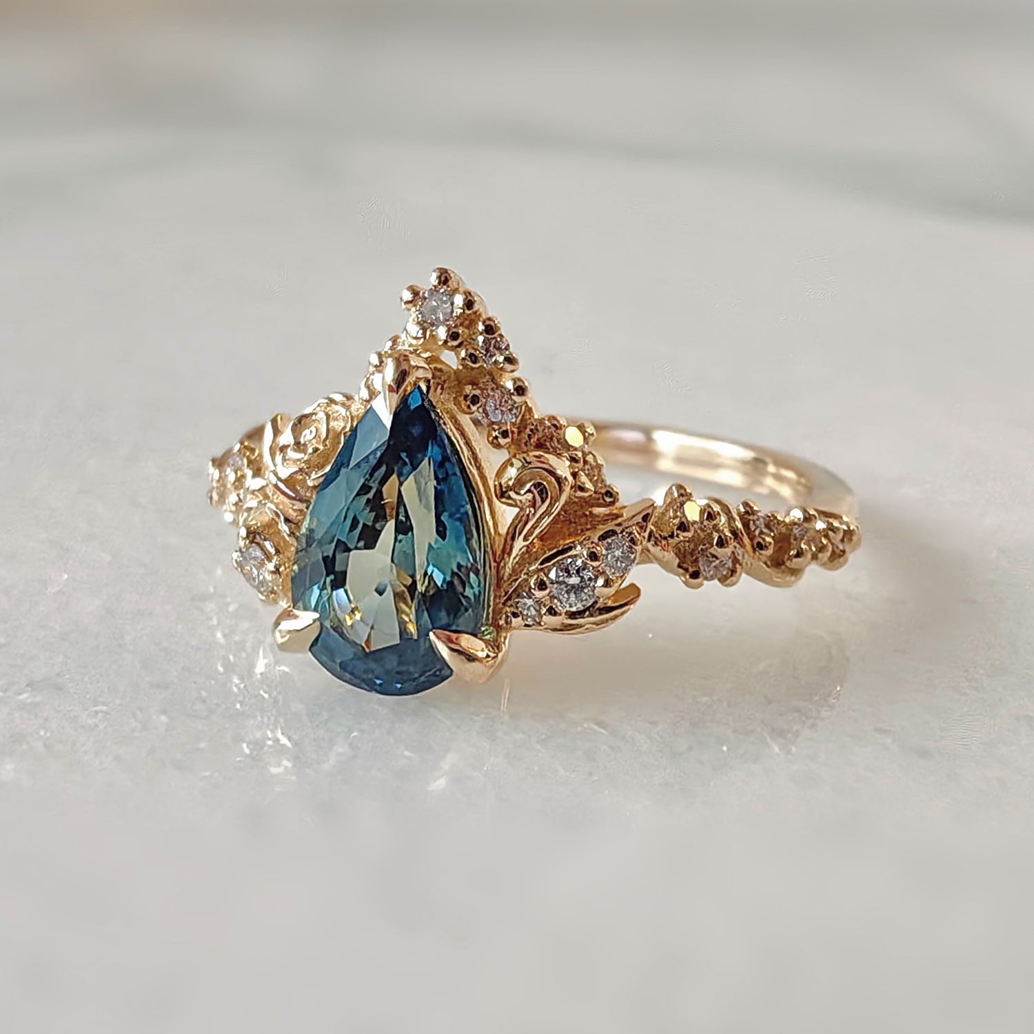 Blossom Rose & Dancing Swan Engagement Ring, Pear Cut Teal Sapphire