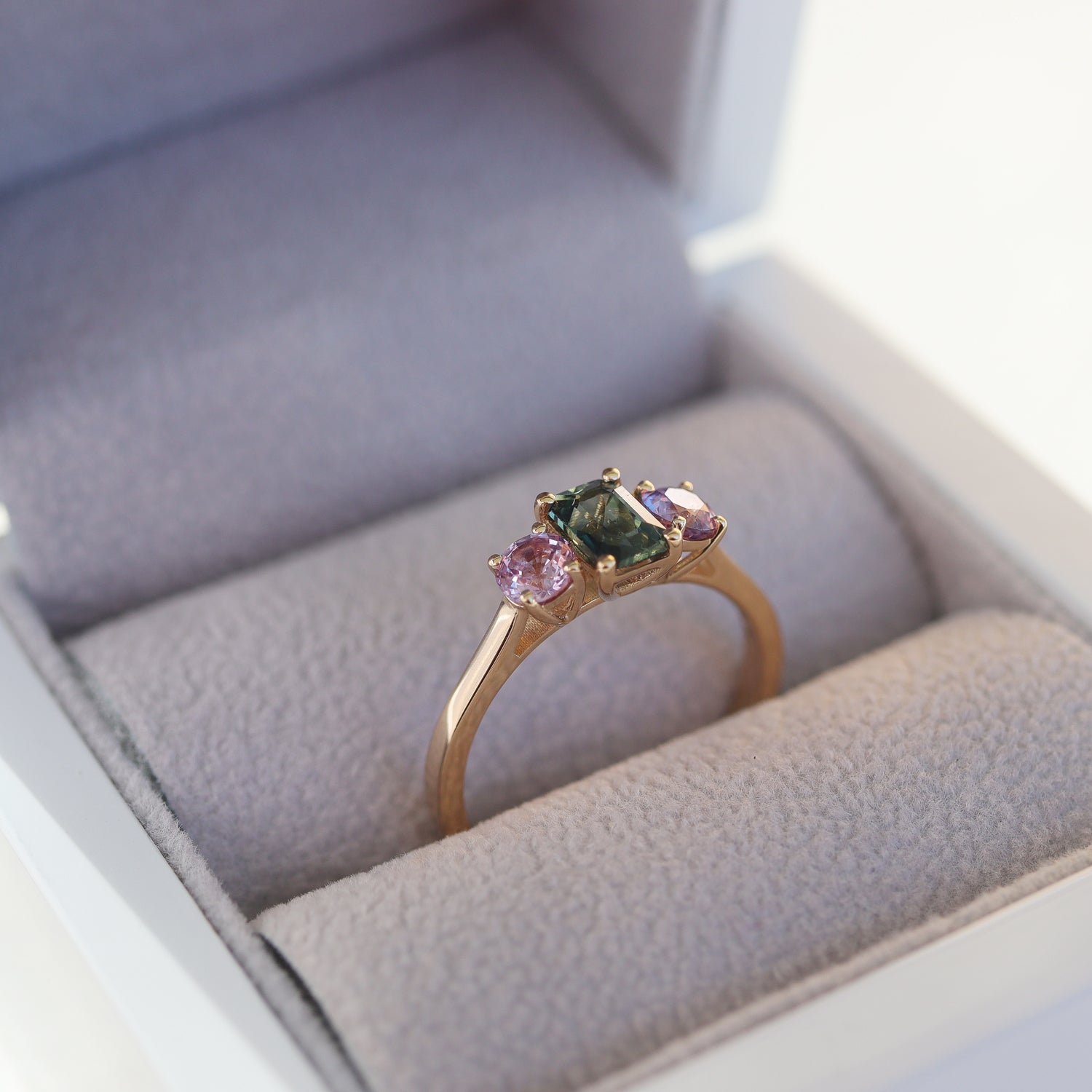 Fantasy Peacock Three Stone Engagement Ring, Parti Sapphire