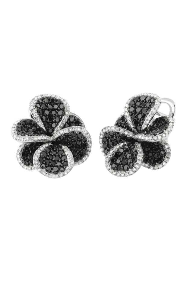 14K White Gold Black and White Diamond Flower Earrings, 2.68 TCW