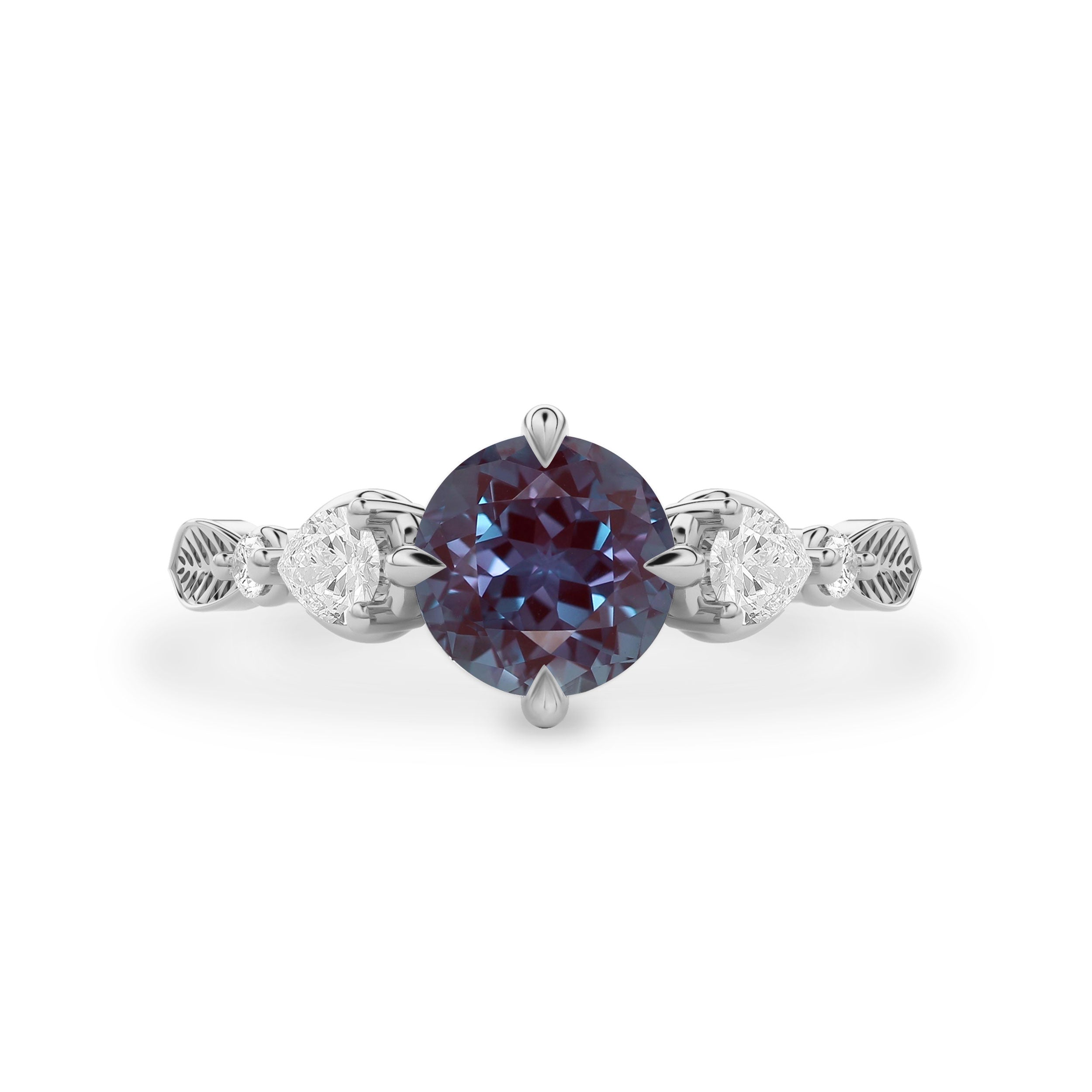 Madison Round Lab Alexandrite Art Deco Leaf Engagement Ring, Compass Set