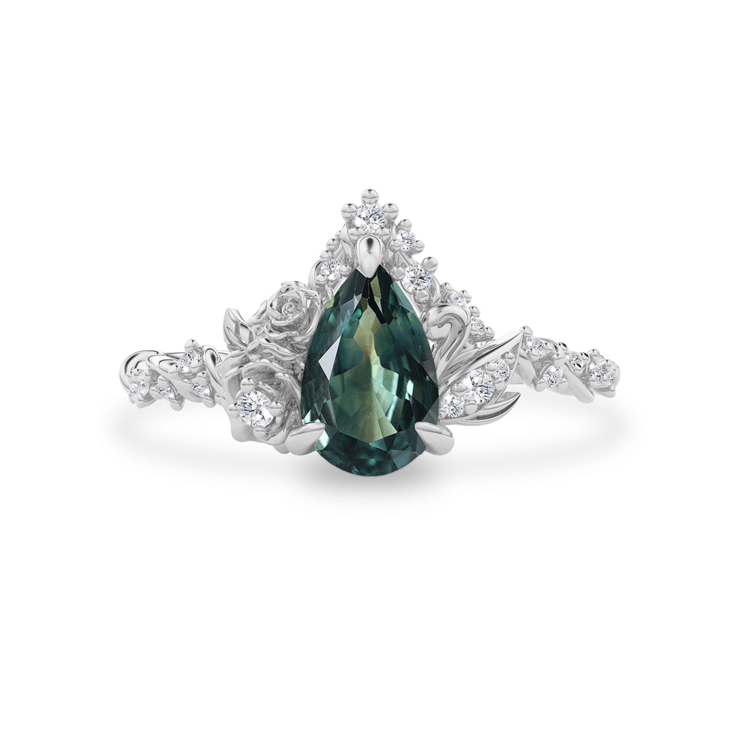 Blossom Rose & Dancing Swan Engagement Ring, Pear Cut Teal Sapphire