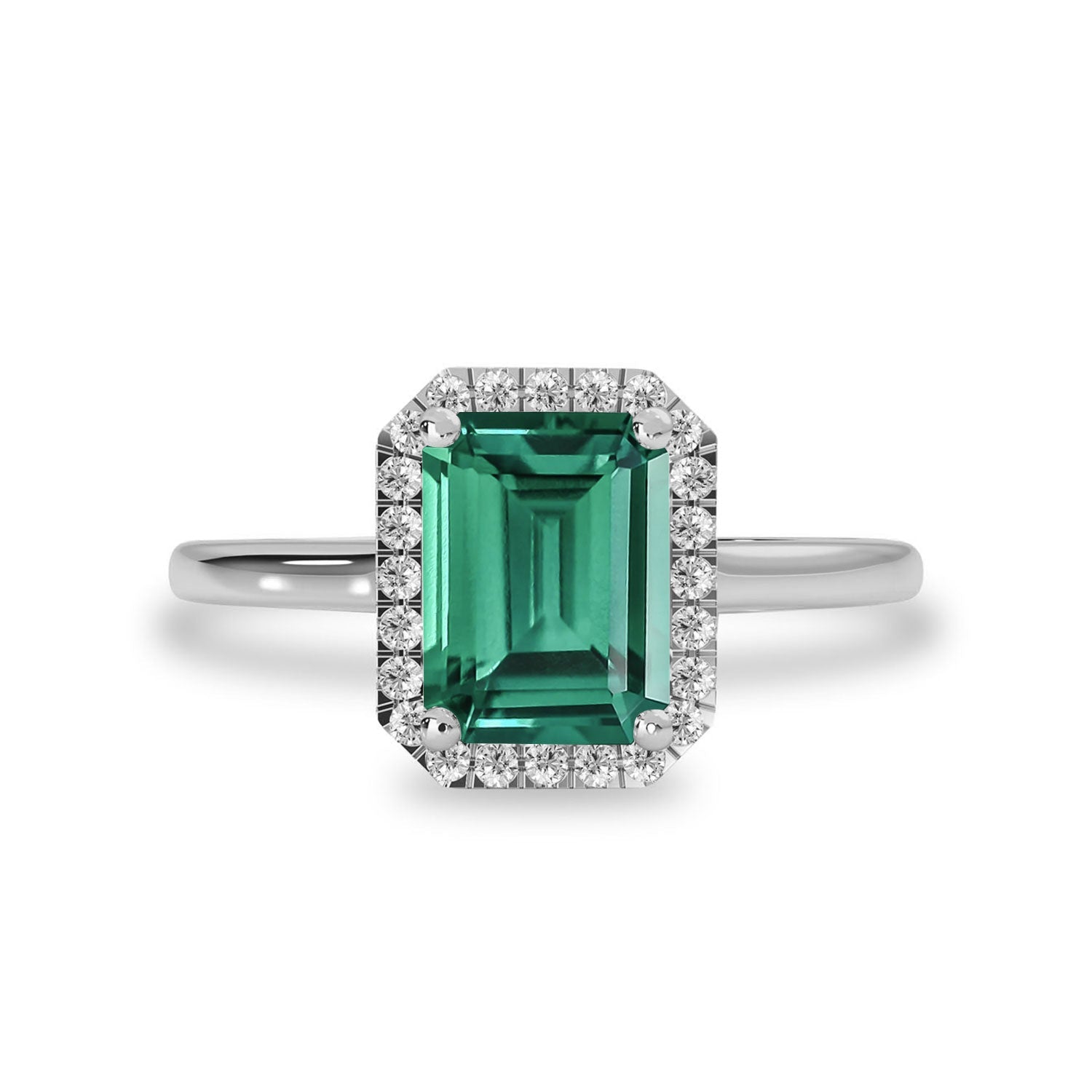 Eva Lab Emerald Halo Cathedral Engagement Ring, Emerald Cut