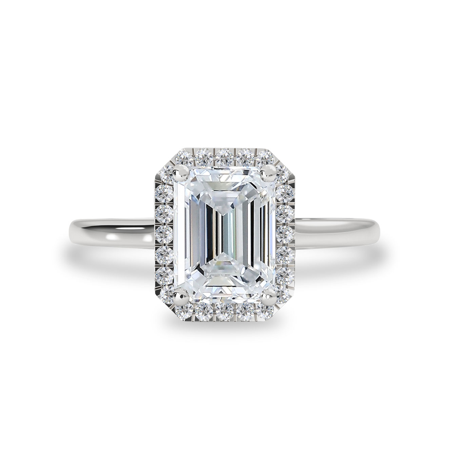 Eva Halo Engagement Ring, Emerald Cut With Cathedral