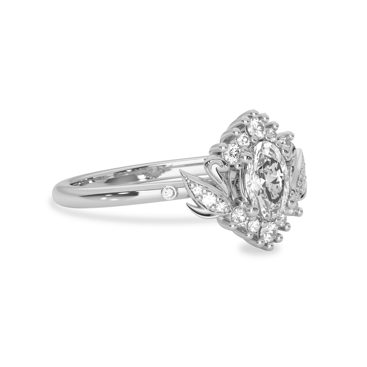 Oval Love Swan Halo Engagement Ring, Oval Cut With Two Swans