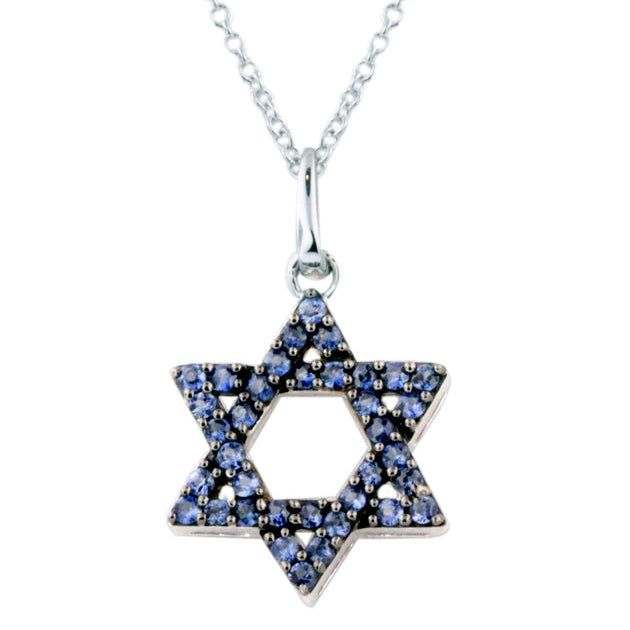 Novelty 14K White Gold Blue Sapphire Star of David Pendant, 0.36 TCW