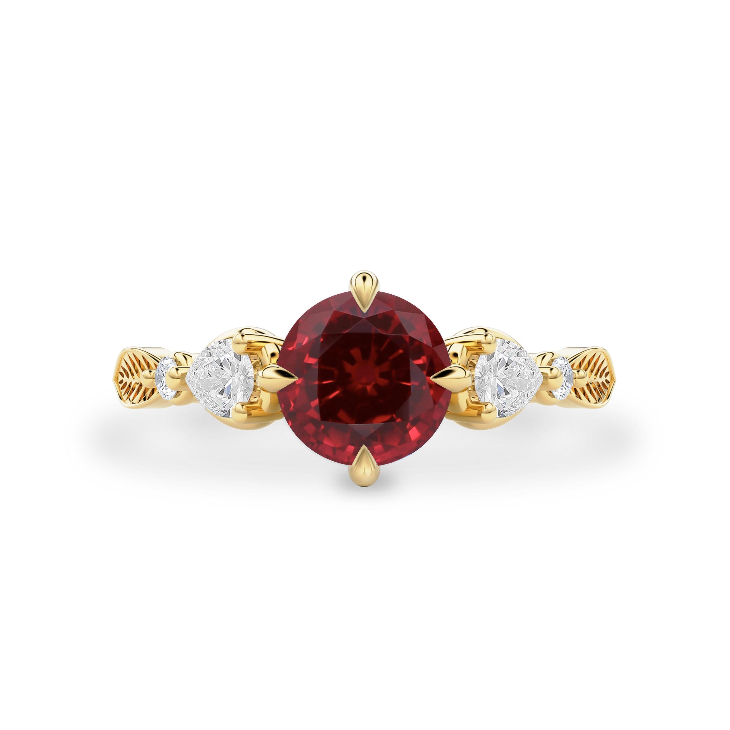 Madison Round Lab Ruby Art Deco Leaf Engagement Ring, Compass Set